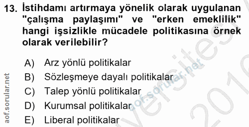 13. soru: İstihdamı artırmaya yönelik olarak uygulanan "çalışma paylaşımı" ve "erken emeklilik" hangi işsizlikle mücadele polit…