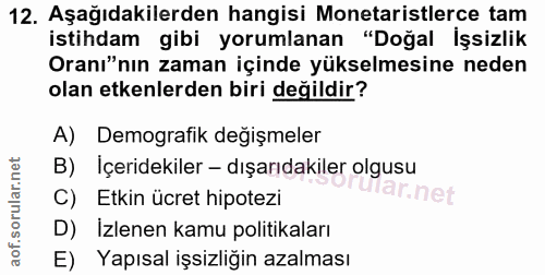 12. soru: Aşağıdakilerden hangisi Monetaristlerce tam istihdam gibi yorumlanan "Doğal İşsizlik Oranı"nın zaman içinde yükselmes…