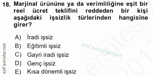 18. soru: Marjinal ürününe ya da verimliliğine eşit bir reel ücret teklifini reddeden bir kişi aşağıdaki işsizlik türlerinden h…