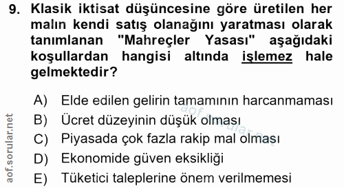 9. soru: Klasik iktisat düşüncesine göre üretilen her malın kendi satış olanağını yaratması olarak tanımlanan "Mahreçler Yasas…