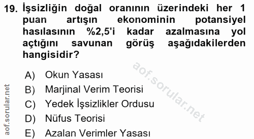 19. soru: İşsizliğin doğal oranının üzerindeki her 1 puan artışın ekonominin potansiyel hasılasının %2,5'i kadar azalmasına yol…