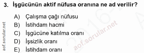 3. soru: İşgücünün aktif nüfusa oranına ne ad verilir? A) Çalışma çağı nüfusu İstihdam hacmi C) Işgücüne katılma oranı D) İşsi…