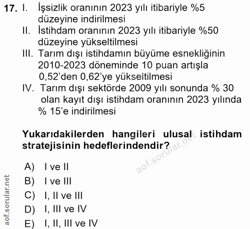 17. soru: I. İşsizlik oranının 2023 yılı itibariyle %5 düzeyine indirilmesi II. İstihdam oranının 2023 yılı itibariyle %50 düze…