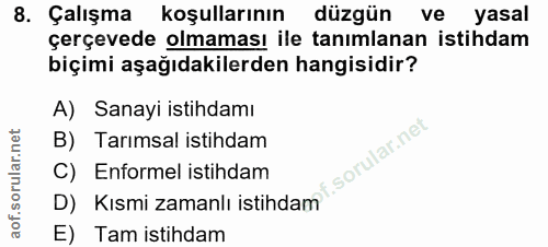 8. soru: Çalışma koşullarının düzgün ve yasal çerçevede olmaması ile tanımlanan istihdam biçimi aşağıdakilerden hangisidir? A)…