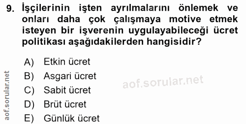9. soru: Işçilerinin işten ayrılmalarını önlemek ve onları daha çok çalışmaya motive etmek isteyen bir işverenin uygulayabilec…