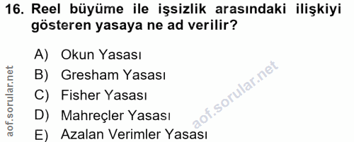 16. soru: Reel büyüme ile işsizlik arasındaki ilişkiyi gösteren yasaya ne ad verilir? A) Okun Yasası B) Gresham Yasası C) Fishe…