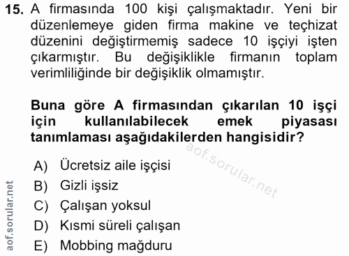 15. soru: A firmasında 100 kişi çalışmaktadır. Yeni bir düzenlemeye giden firma makine ve teçhizat düzenini değiştirmemiş sadec…