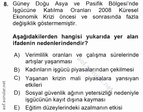 8. soru: Güney Doğu Asya ve Pasifik Bölgesi'nde İşgücüne Katılma Oranları 2008 Küresel Ekonomik Krizi öncesi ve sonrasında faz…