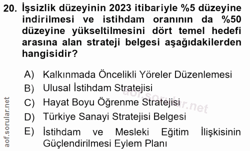 20. soru: İşsizlik düzeyinin 2023 itibariyle %5 düzeyine indirilmesi ve istihdam oranının da %50 düzeyine yükseltilmesini dört…