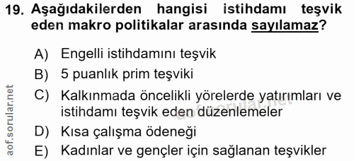 19. soru: Aşağıdakilerden hangisi istihdamı teşvik eden makro politikalar arasında sayılamaz? A) Engelli istihdamını teşvik B)…