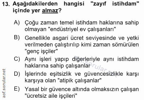 13. soru: Aşağıdakilerden hangisi "zayıf istihdam" içinde yer almaz? A) Çoğu zaman temel istihdam haklarına sahip olmayan "endü…