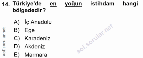 14. soru: Türkiye'de en Yoğun istihdam hangi bölgededir? A) Iç Anadolu B) Ege C) Karadeniz D) Akdeniz E) Marmara