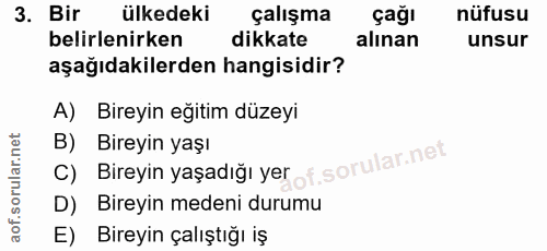 3. soru: Bir ülkedeki çalışma çağı nüfusu belirlenirken dikkate alınan unsur aşağıdakilerden hangisidir? A) Bireyin eğitim düz…