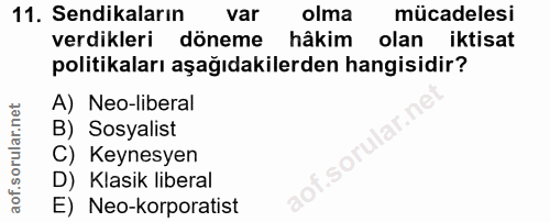 11. soru: Sendikaların var olma mücadelesi verdikleri döneme hâkim olan iktisat politikaları aşağıdakilerden hangisidir? A) Neo…