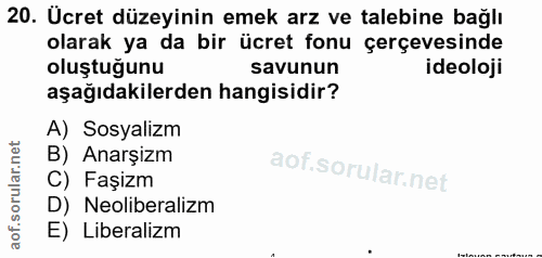 20. soru: Ucret düzeyinin emek arz ve talebine bağlı olarak ya da bir ücret fonu çerçevesinde oluştuğunu savunun ideoloji aşağı…