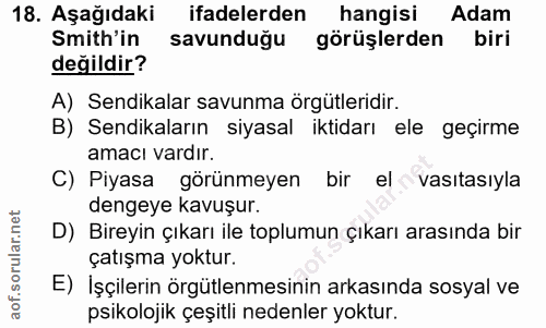 18. soru: Aşağıdaki ifadelerden hangisi Adam Smith'in savunduğu görüşlerden biri değildir? A) Sendikalar savunma örgütleridir.…