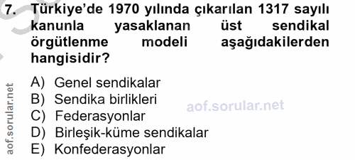 7. soru: Türkiye'de 1970 yılında çıkarılan 1317 sayılı kanunla yasaklanan üst sendikal örgütlenme modeli aşağıdakilerden hangi…