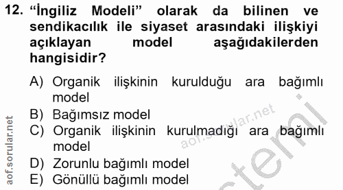 12. soru: "İngiliz Modeli" olarak da bilinen ve sendikacılık ile siyaset arasındaki ilişkiyi açıklayan model aşağıdakilerden ha…