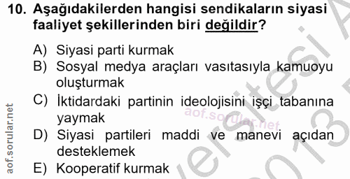 10. soru: Aşağıdakilerden hangisi sendikaların siyasi faaliyet şekillerinden biri değildir? A) Siyasi parti kurmak B) Sosyal me…