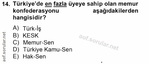 14. soru: Türkiye'de en fazla üyeye sahip olan memur konfederasyonu aşağıdakilerden hangisidir? A) Türk-iş B) KESK C) Memur-Sen…
