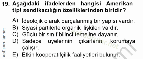 19. soru: Aşağıdaki ifadelerden hangisi Amerikan tipi sendikacılığın özelliklerinden biridir? A) Ideolojik olarak parçalanmış b…