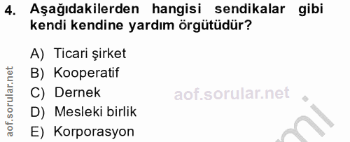 4. soru: Aşağıdakilerden hangisi sendikalar gibi kendi kendine yardım örgütüdür? A) Ticari şirket B) Kooperatif C) Dernek D) M…