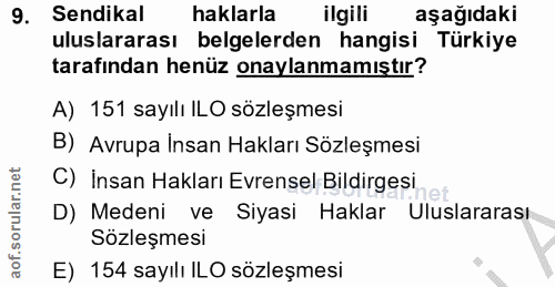 9. soru: Sendikal haklarla ilgili aşağıdaki uluslararası belgelerden hangisi Türkiye tarafından henüz onaylanmamıştır? A) 151…