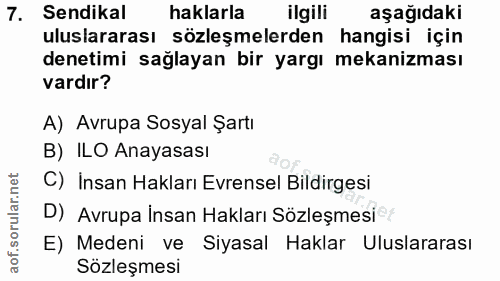 7. soru: Sendikal haklarla ilgili aşağıdaki uluslararası sözleşmelerden hangisi için denetimi sağlayan bir yargı mekanizması v…