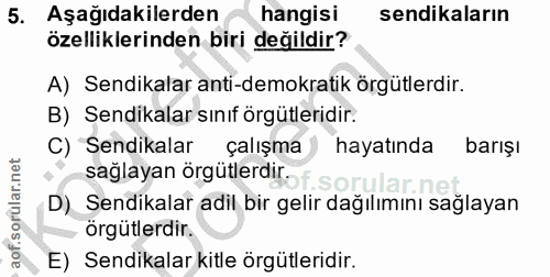 5. soru: Aşağıdakilerden hangisi sendikaların özelliklerinden biri değildir? A) Sendikalar anti-demokratik örgütlerdir. B) Sen…