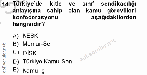 14. soru: Türkiye'de kitle ve sınıf sendikacılığı anlayışına sahip olan kamu görevlileri konfederasyonu aşağıdakilerden hangisi…