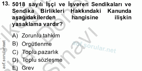 13. soru: 5018 sayılı İşçi ve İşveren Sendikaları ve Sendika • Birlikleri Hakkındaki Kanunda aşağıdakilerden hangisine ilişkin…