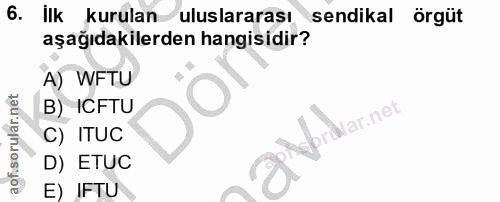 6. soru: ilk kurulan uluslararası sendikal örgüt aşağıdakilerden hangisidir? A) WFTU B) ICFTU Nar.net C) ITUC D) ETUC E) IFTU