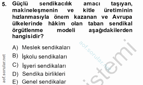 5. soru: Güçlü sendikacılık amacı taşıyan, makineleşmenin ve kitle üretiminin hızlanmasıyla önem kazanan ve Avrupa ülkelerinde…