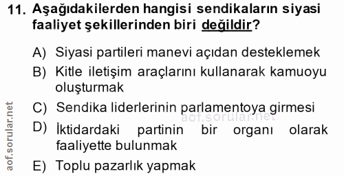 11. soru: Aşağıdakilerden hangisi sendikaların siyasi faaliyet şekillerinden biri değildir? A) Siyasi partileri manevi açıdan d…