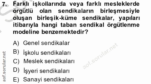 7. soru: Farklı işkollarında veya farklı mesleklerde örgütlü olan sendikaların birleşmesiyle oluşan birleşik-küme sendikalar,…