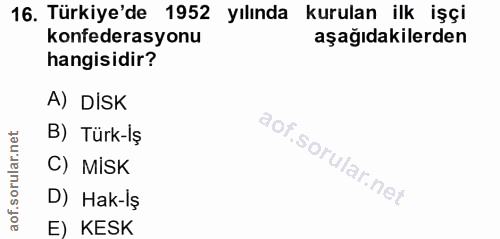 16. soru: Türkiye'de 1952 yılında kurulan ilk işçi konfederasyonu aşağıdakilerden hangisidir? A) DISK B) Türk-Iş C) MISK D) Hak…