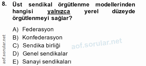 8. soru: Üst sendikal örgütlenme modellerinden hangisi yalnızca yerel düzeyde örgütlenmeyi sağlar? A) Federasyon B) Konfederas…