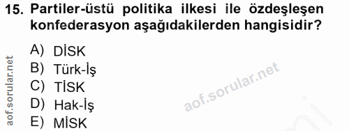 15. soru: Partiler-üstü politika ilkesi ile özdeşleşen konfederasyon aşağıdakilerden hangisidir? A) DİSK B) Türk-İş C) TİSK D)…