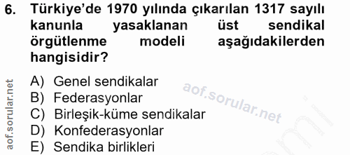6. soru: Türkiye'de 1970 yılında çıkarılan 1317 sayılı kanunla yasaklanan üst sendikal örgütlenme modeli aşağıdakilerden hangi…