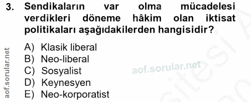 3. soru: Sendikaların var olma mücadelesi verdikleri döneme hâkim olan iktisat politikaları aşağıdakilerden hangisidir? A) Kla…