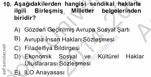 10. soru: Aşağıdakilerden hangisi sendikal haklarla ilgili Birleşmiş. Milletler belgelerinden biridir? A) Gözden Geçirilmiş Avr…