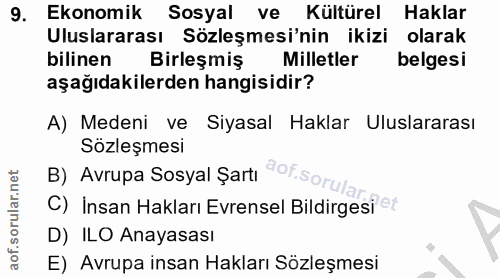 9. soru: Ekonomik Sosyal ve Kültürel Haklar Uluslararası Sözleşmesi'nin ikizi olarak bilinen Birleşmiş Milletler belgesi aşağı…