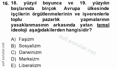 16. soru: 18. yüzyıl boyunca ve 19. yüzyılın başlarında birçok Avrupa ülkesinde işçilerin örgütlenmelerinin ve işverenlerle top…