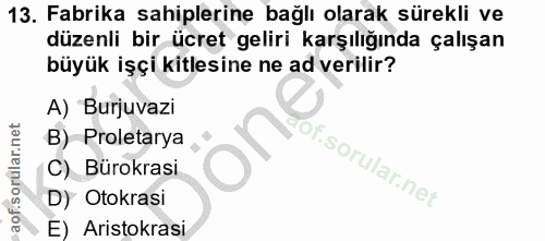 13. soru: Fabrika sahiplerine bağlı olarak sürekli ve düzenli bir ücret geliri karşılığında çalışan büyük işçi kitlesine ne ad…