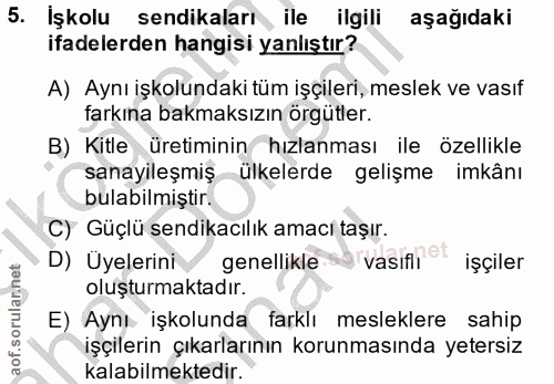 5. soru: İşkolu sendikaları ile ilgili aşağıdaki ifadelerden hangisi yanlıştır? A) Aynı işkolundaki tüm işçileri, meslek ve va…