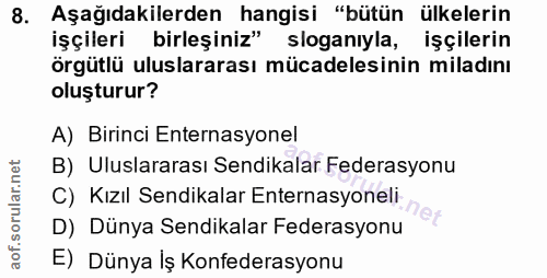 8. soru: Aşağıdakilerden hangisi "bütün ülkelerin işçileri birleşiniz" sloganıyla, işçilerin örgütlü uluslararası mücadelesini…