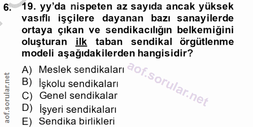 6. soru: 19. yy'da nispeten az sayıda ancak yüksek vasıflı işçilere dayanan bazı sanayilerde ortaya çıkan ve sendikacılığın be…