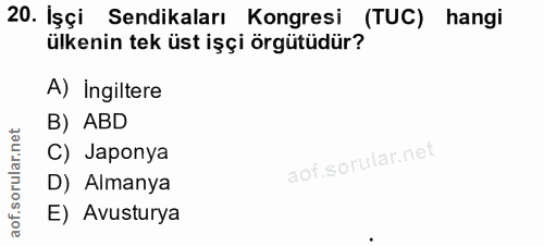 20. soru: İşçi Sendikaları Kongresi (TUC) hangi ülkenin tek üst işçi örgütüdür? A) Ingiltere B) ABD C) Japonya l D) Almanya E)…