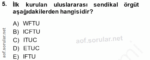 5. soru: İlk kurulan uluslararası sendikal örgüt aşağıdakilerden hangisidir? A) WFTU B) ICFTU C) ITUC D) ETUC E) IFTU