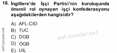 18. soru: Ingiltere'de İşçi Partisi'nin kuruluşunda önemli rol oynayan işçi konfederasyonu aşağıdakilerden hangisidir? A) AFL-C…